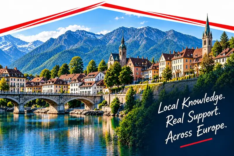 European lakeside town with stone bridge and mountains — Local Knowledge. Real Support. Across Europe.
