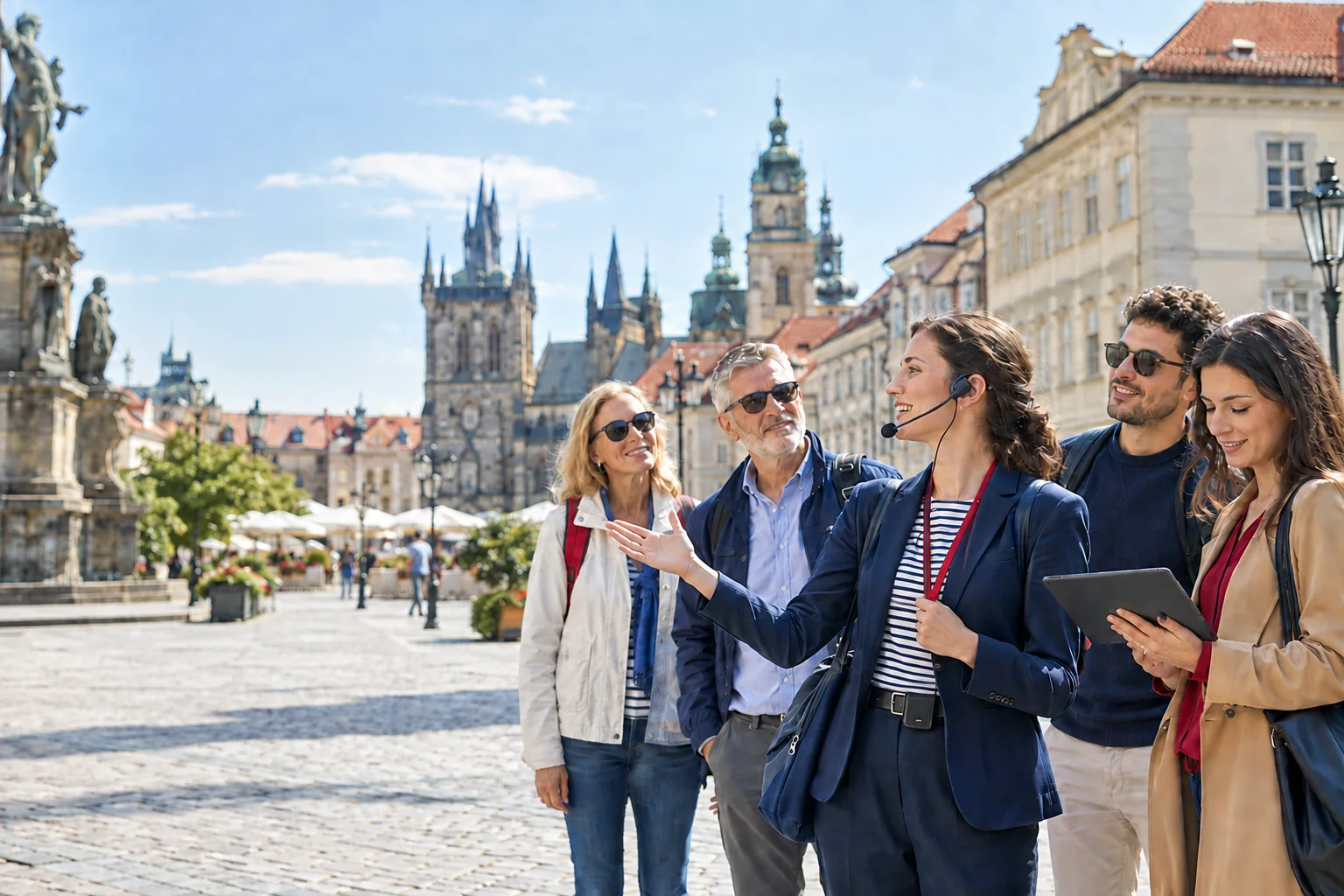 Tour guide with a headset leading a group in a European square