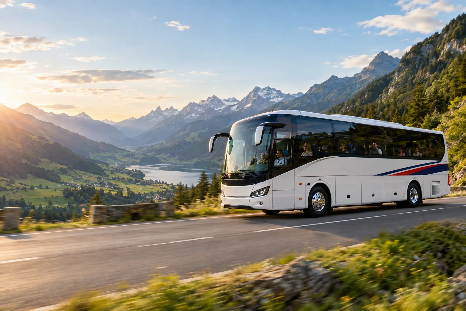 Touring coach on a scenic European mountain road